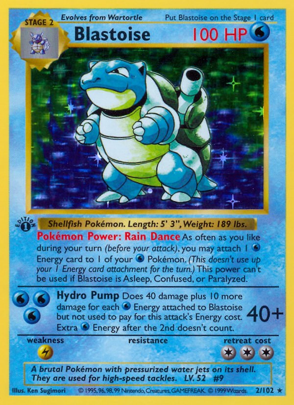 Blastoise — Base Set 2/102 (1999), graded PSA 9